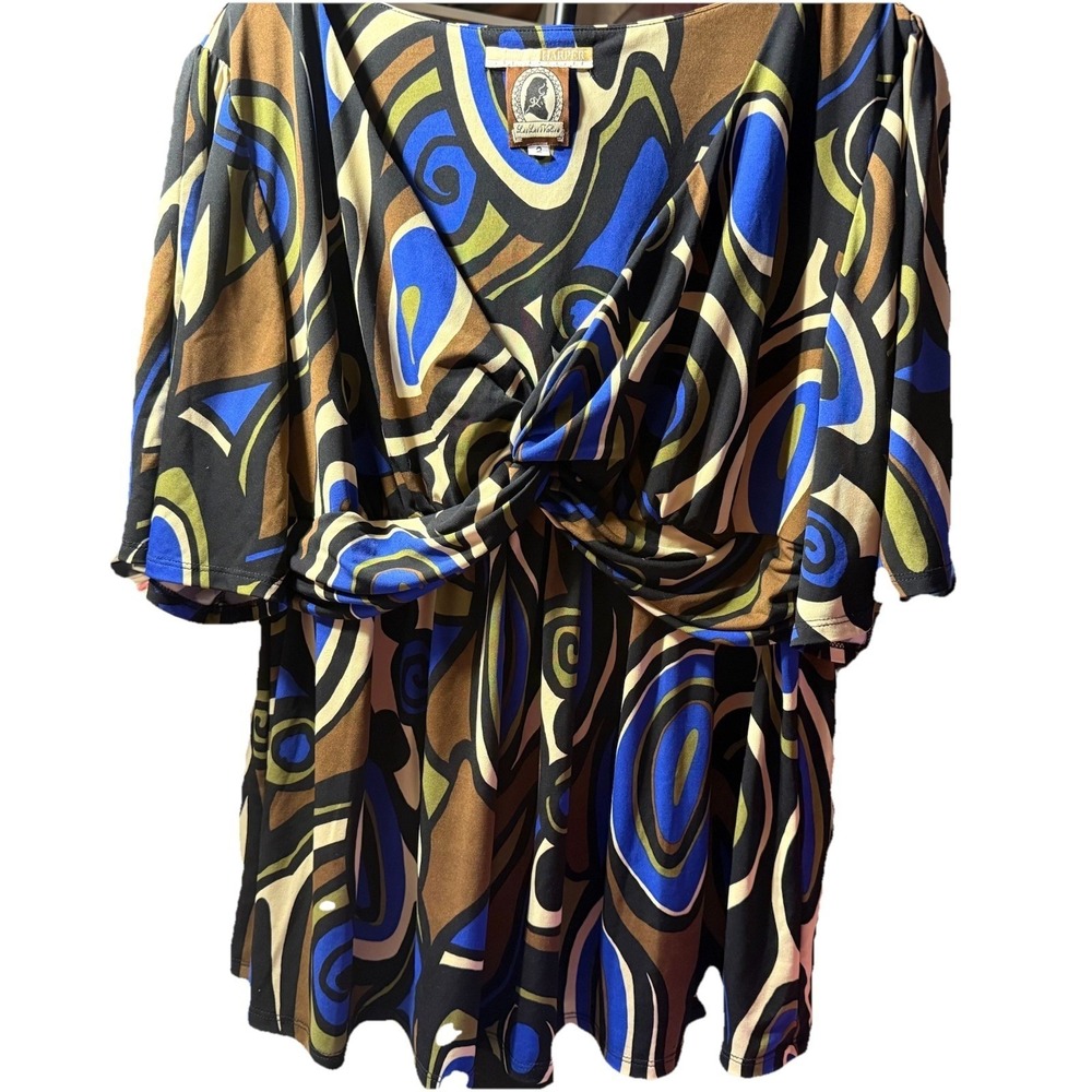 Olivia Harper Women's Multicolored Blue Green Brown Blouse Size 2 - Picture 6 of 6
